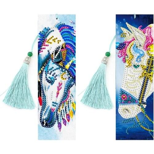 2Pcs Horse Diamond Embroidery Leather Bookmark 5D DIY Special Shaped Diamond Painting With Blue Tassels Birthday Gift
