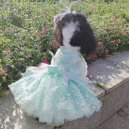 Free Shipping Handmade Dog Clothes Princess Dress Gorgeous Green Sequin Skirt 3D Butterfly More Layers Tulle Poodle Maltese
