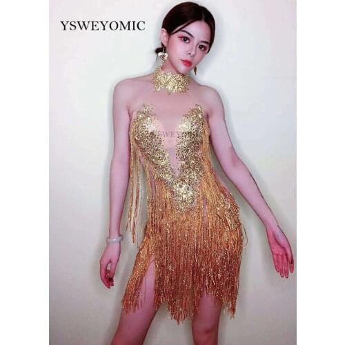 Flashing Golden Rhinestones Tassel See Through Dress Birthday Celebrate Mesh Outfit Women Singer Bar Stage Dress Dance Costume