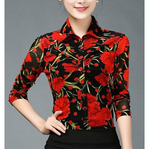 Spring Fall Women Printed Flower Pattern Slim Mesh Long Sleeve Blouse , Autumn Red Flower 4XL 3xl Stretch Blouses For Woman