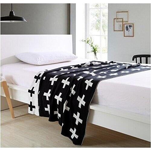 DOKOT Black and White Swiss Cross Pattern 100% Cotton Knitted Throw Blanket (51x63 inches, Swiss Cross)
