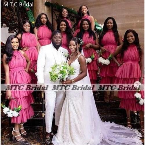 Hot Pink Wholesale Short Bridesmaid Dresses Halter Corset Tiered Tulle Wedding Party Gowns For Maids 2021 Cheap Women Dress