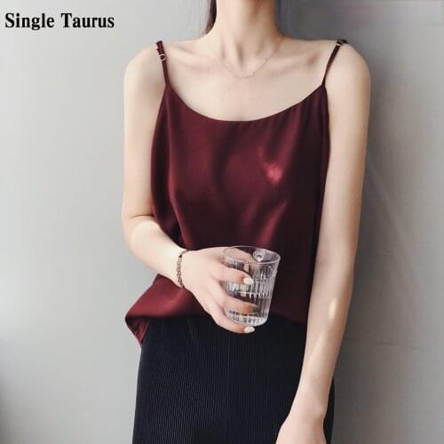 Korean Office Lady Sexy Top Mujer Summer Casual Satin Cami T-shirt Woman Clothes Satin Camisole Vest Stripe Red Slim Pullovers