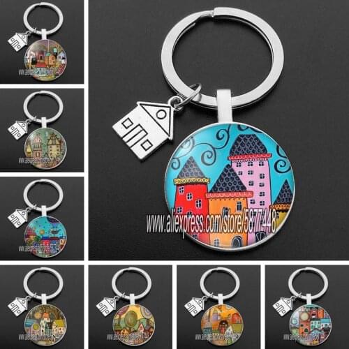 Colorful Painting Town City Building Keychain Beautiful House Under The Starry Sky Key Ring for New Home Purse Keyring for Women