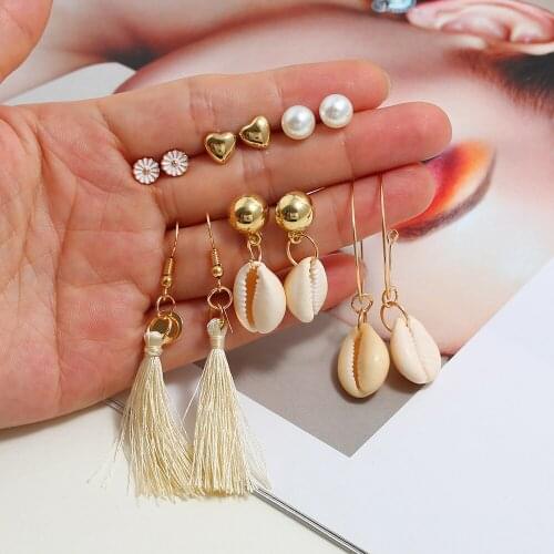 LXY-W Fashion Golden Heart-shaped Flower Faux Pearl Stud Tassel Shell Pendant Earrings For Women 2021 Vintage Multilevel Jewelry
