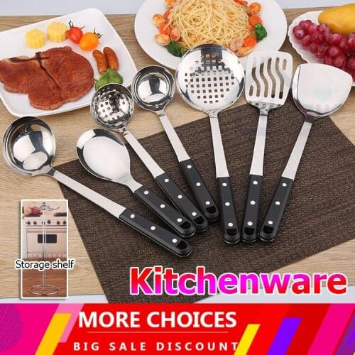 Stainless Steel Kitchen Cooks Tools Cookware With Storage Rack Colander Spoon Spatula Shovel, One Size, Black
