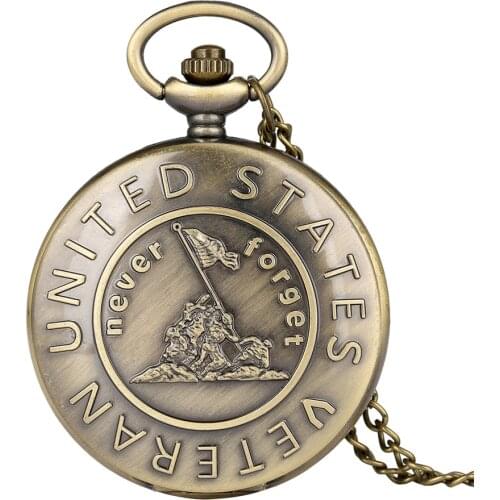 Never Forget U.S. Veteran Pocket Watch Bronze Necklace Chain Best Gifts for Veterans Retro Pendant Clock Thanksgiving Present