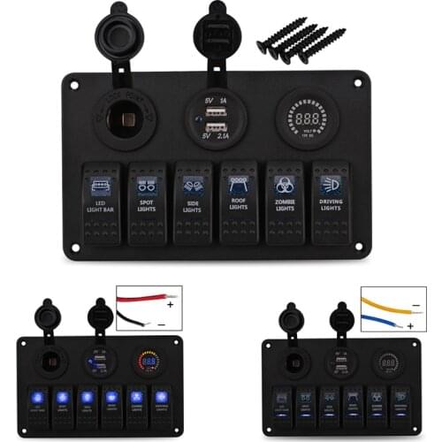 12V 6 Gang Boat Marine Rocker Switch Panel LED Dual USB Charger Adapter Cigarette Lighter Socket Digital Voltmeter Car Switches