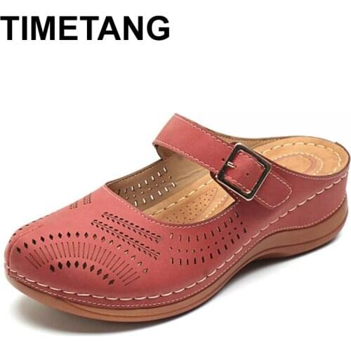 TIMETANG New Women Flat Shoes Mules For Women PU Leather Round head Slip womens sandals Flip Flops Slipper Women Retro shoes