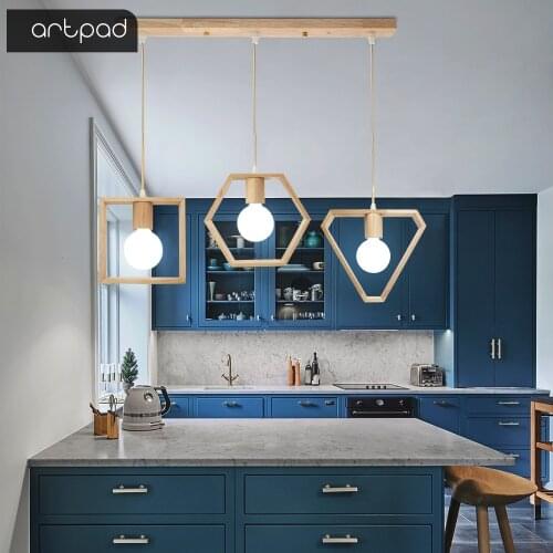 Artpad Hexagon Triangle Square Shape 3 Lights Ceiling Hanging Lamp for Dining room Bar Modern Wood Chandelier in the Hallway