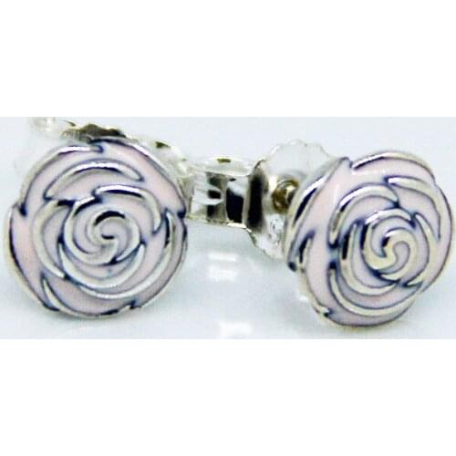 Compatible With European Jewelry Rose Garden Stud Earrings With Pink Enamel 100% 925 Sterling Silver Jewelry DIY Wholesale E001
