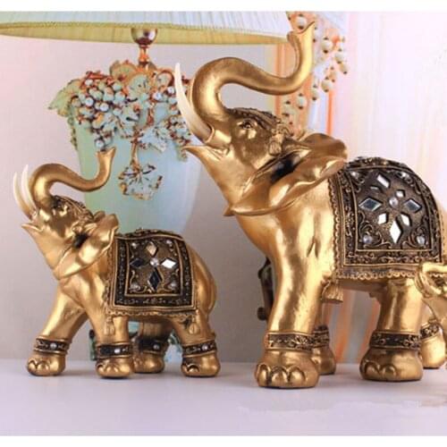 Golden Resin Elephant Statue Lucky Feng Shui Elegant Elephant Trunk Statue Lucky Wealth Figurine Crafts Ornaments For Home Decor