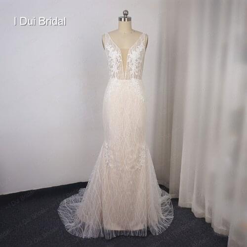 Plunging Neck Mermaid Wedding Dress with Sparkle Sequin Tulle Lace Layer Bridal Gown