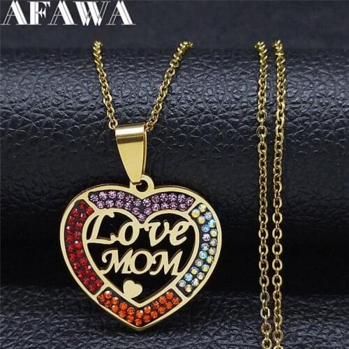 Heart Love Mom Stainless Steel Crystal Chain Necklaces for Women Gold Color Pendant Necklace Jewelry collier coeur N4888S01
