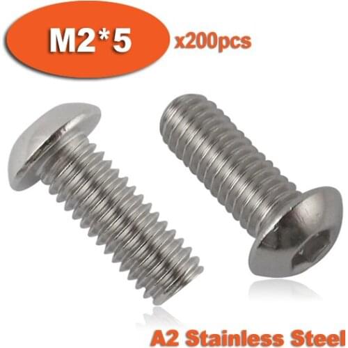 200pcs ISO7380 M2 x 5 A2 Stainless Steel Screw Hexagon Hex Socket Button Head Screws