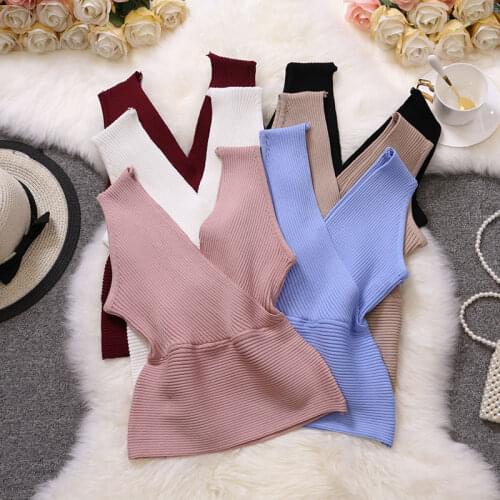 2021 Summer Women V-Neck Sleeveless Knitted Ruffles Shirt Lady Sexy Short Irregular Elastic Slim Waist Pullover Chic Blouse Tops