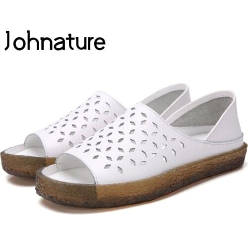 Johnature 2020 New Summer Genuine Leather Breathable Leisure Soft Sole Slip-on Hollow Peep Toe Comfortable Flat Women Sandals