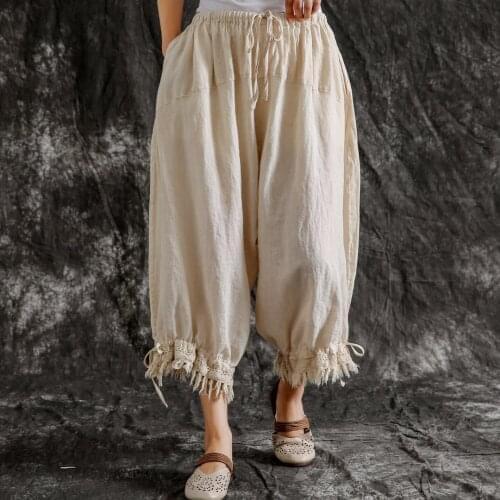 Johnature New Casual Vintage Cotton Linen Plus Size Ankle-length Harem Pants 2021 Summer Solid Color Tassel Pockets Women Pants