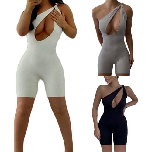 Hollow-Out One-Shoulder Romper Women Summer Bodysuit Solid Color Sleeveless Tight Jumpsuit for Girls Female Clothes
