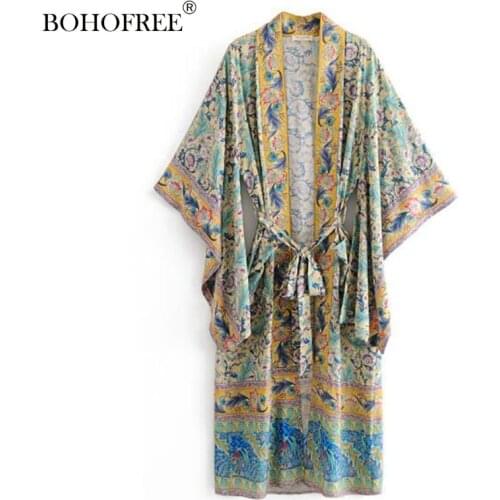 Gypsy Style Rayon Cotton Long Kimono Batwing Sleeve Boho Print Inspiration Shrug Casual Women Vestidos Hippie Maxi Dress