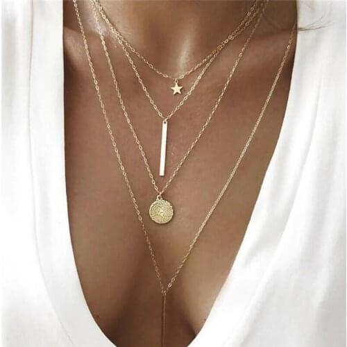 New Fashion Gold Star Pendant Necklace For Women Simple Bohemian Choker Necklace Multi layers Bar Coin Necklace Party Jewelry