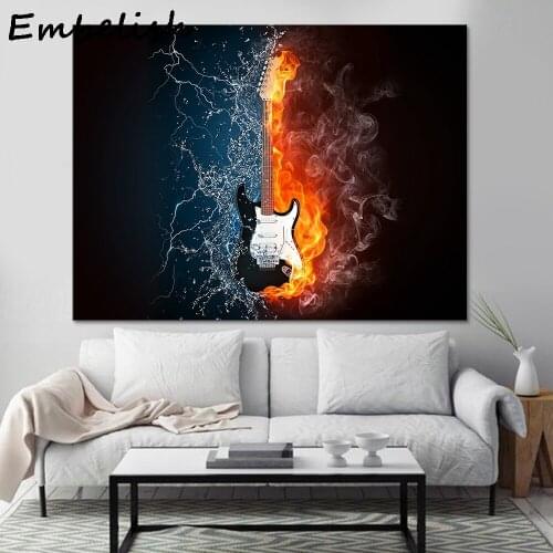 1 Pieces Modern Home Decor Wall Art Posters For Living Room Burning Fire Guitar Music HD Canvas Paintings Pictures