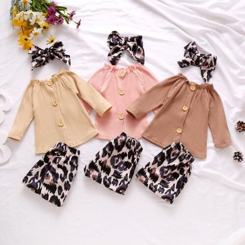 Newborn Infant Baby Boys Girls 3pcs Casual Suit Solid Long Sleeve Ribbing Buttoned Top+Leopard Loose Trousers+Bow Headband