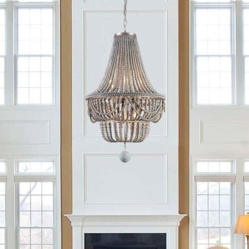 Retro Bedroom Childrens Princess Room Living Room Dining Room American-Style Double-Layer Wooden Bead Decorative Chandelier