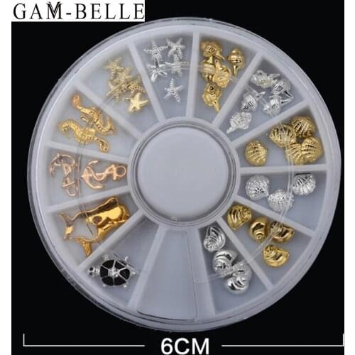 GAM-BELLE 3D Metal Nail Art Rhinestone Gold Silver Nail Art Alloy Seaside Shell Star Feathers Charm 3D Decorations Nail Sequin