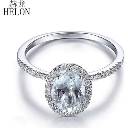 HELON Solid 14K White Gold Oval 8x6mm Natural Aquamarine & Diamonds Engagement Wedding Ring Women Trendy Fine Jewelry Best Gift