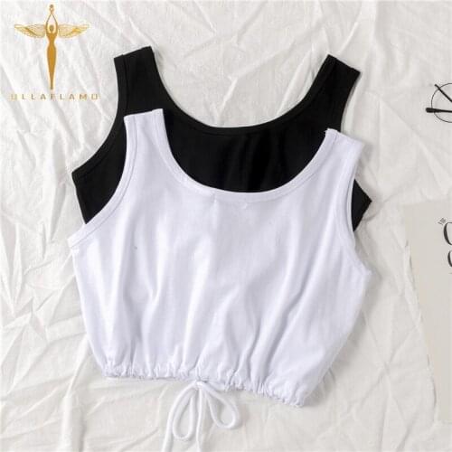 Casual O-Neck Sleeveless Black Bottom Tank Top Womens Drawstring Lace-Up Crop Tube Tops Female Summer White Sexy Crop Vests