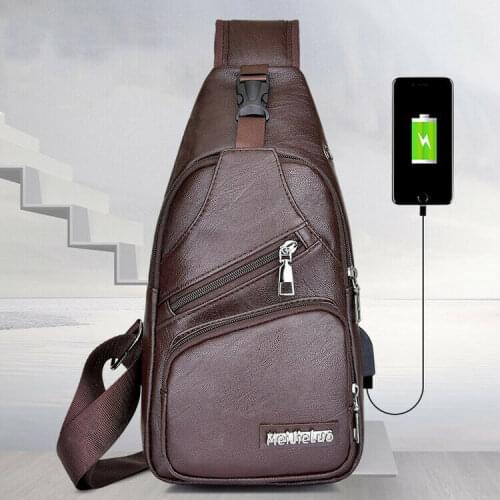 Mens Crossbody Chest Bags Waist Bags Mens USB Charging Headphone Plug Leather Shoulder Bag Diagonal Package New 2020