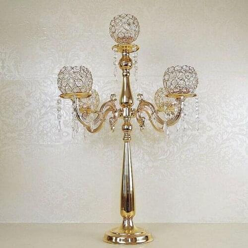 H75cm Delicate Wedding Gold Candelabra Casamento Centerpiece 5-arms Crystal Candle Holder Party Decoration 10 pcs/lot ZA3889