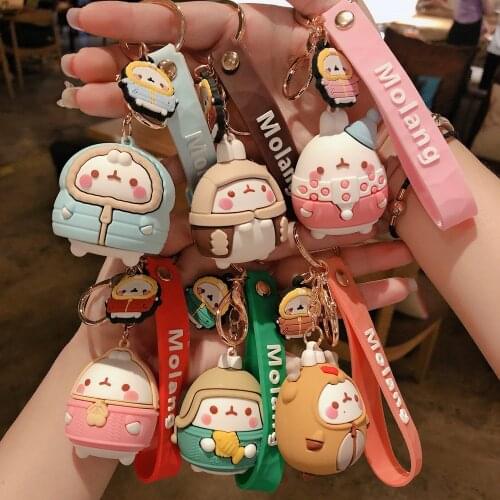 New Keychains For Men Women Molang Rabbit Korean Cute Cartoon Rubber Fashion Key Chains Lovers Bag Car Pendant PVC Key Ring