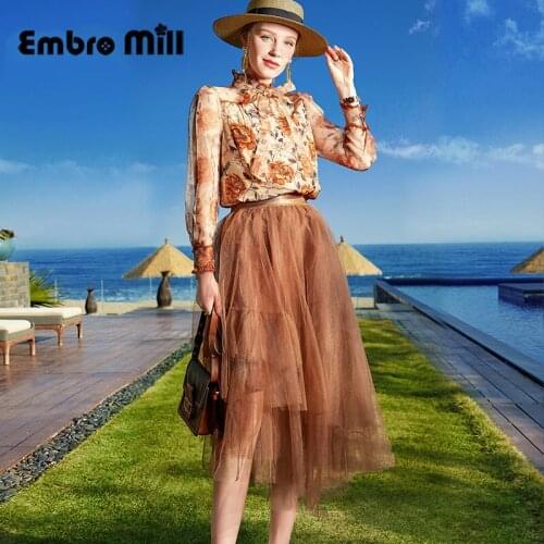 Spring New Street Style Small Stand Collar Silk Shirt Top + Mid-Length High-Waist Skirt Lady Two-Piece S-XL