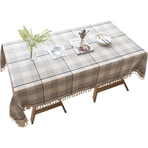 Hot sale Grid Designs Solid Decorative Linen Tablecloth With Tassels Rectangular Wedding Dining Table Cover Tea Table Cloth