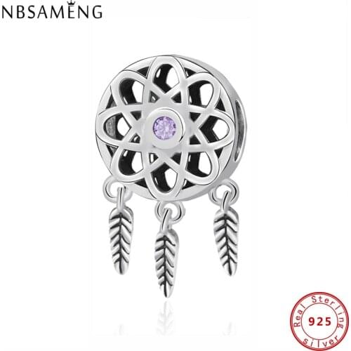 Original 100% 925 Sterling Silver Charm Bead Dream Catcher Charms Beads Purple CZ Fit Bracelets DIY Women Jewelry