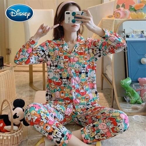 Disney Cartoon Mickey Pajamas Female Spring Autumn Long-Sleeved Fashion Cute Young Ladies Sleepwear Suit