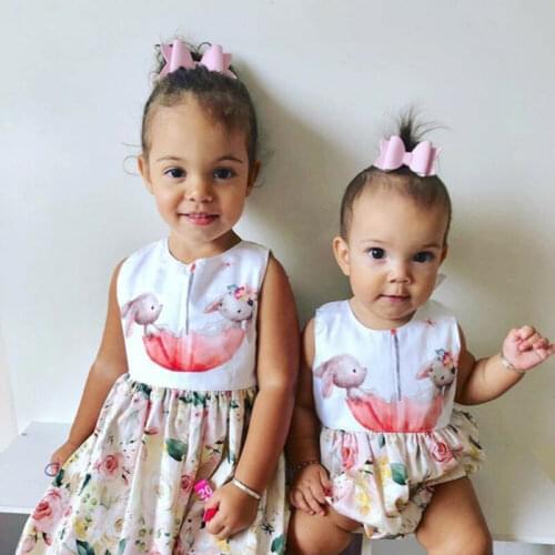 Big Little Sister Matching Dress Round Neck Summer Sleeveless Floral Outfits Easter Bunny Clothes Toddler Newborn Kids Baby Girl
