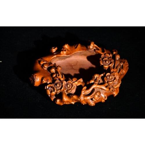 Home Decor 6" China Lucky Old Boxwood Hand-carved Ganoderma pen wash Inkstone Four Treasures of the Study Office Ornaments