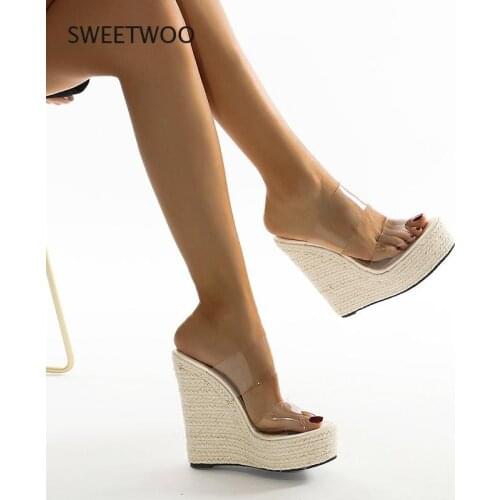 Summer PVC Transparent Peep Toe Cane Straw Weave Platform Wedges Slippers Sandals Women Fashion High Heels Female Shoes