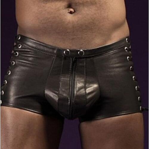 Sexy Lingerie Hot Mens Latex PVC Bondage Open Crotch Leggings Shorts Gothic Fetish Gay Faux Leather Lace Up Short Pants Clubwear