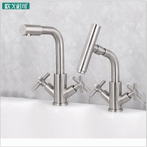 Dual handles bathroom basin faucet tap rotate mouth 304 stainless steel