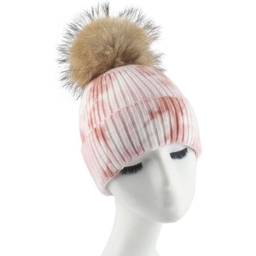 Tie Dye Color Winter Hats For Women Real Fur Pom Poms Hat Wool Beanie Cap Warm Knitted Skullies Beanies
