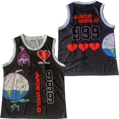 BG JUICE WRLD 999 caring Earth jersey Embroidery sewing Outdoor sportswear Hip-hop culture movie black summer basketball jerseys