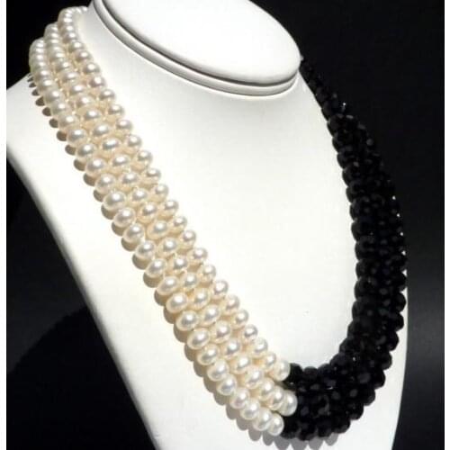 Unique Pearls jewellery Store 8mm 3 rows Black Crystal White Genuine Freshwater Pearl Necklace Charming Women Gift Fine Jewelry