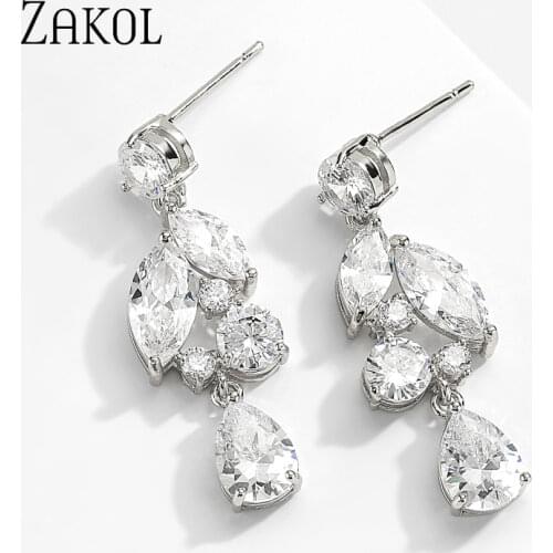 ZAKOL Luxury Bridal Wedding Jewelry for Women Fashion Dangle Earrings Marquise Cut Zirconia Free Shipping FSEP2451