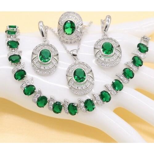 Green Fashion Jewelry Set for Women Ring High Quality Beautiful Round Baguette Shape Cubic Zirconia Necklace Pendant Earring