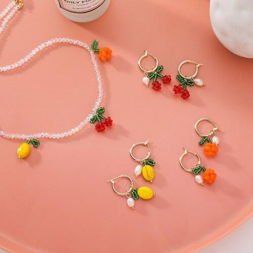 TIMEONLY Cute Rainbow Beaded Cherry Drop Earrings for Women 2021 Handmade Beads Orange Lemon Statement Earrings Holiday Jewelry