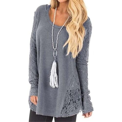 Womens Top Spring Autumn Solid Color Sweaters Patchwork Lace O-Neck Long Sleeve T Shirts Womens Clothing 2021 Casual Y2K Tops